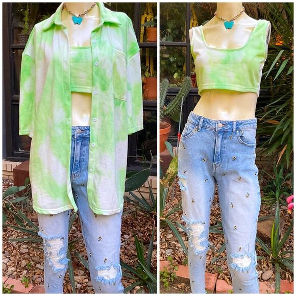 2 Piece Tie Dye French Terry Crop Top & Oversized Blouse Set Lime Green Medium - Picture 1 of 11